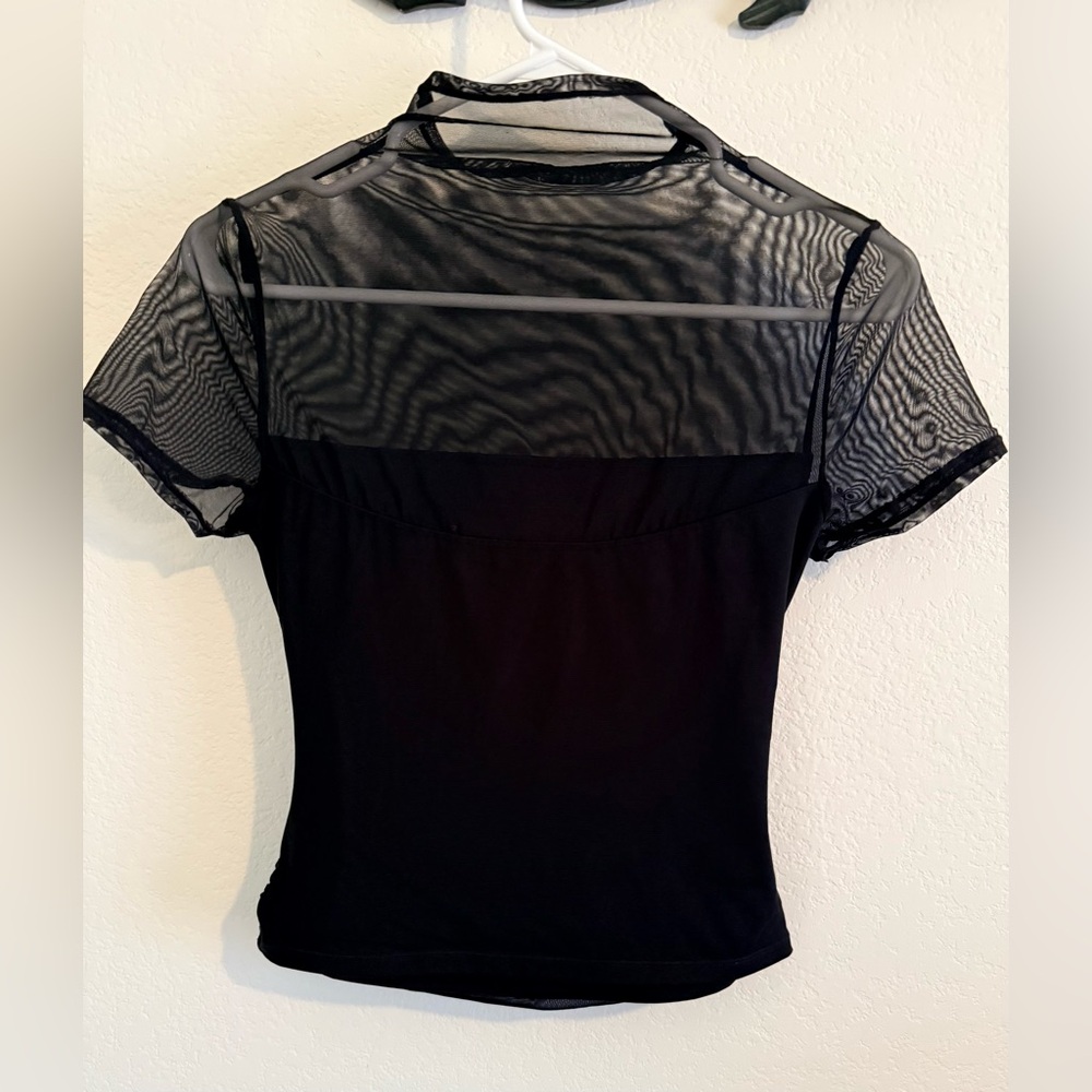SUUKSESS Women Sexy Mesh Sheer Short Sleeve Tops Mock Neck - Picture 4 of 6